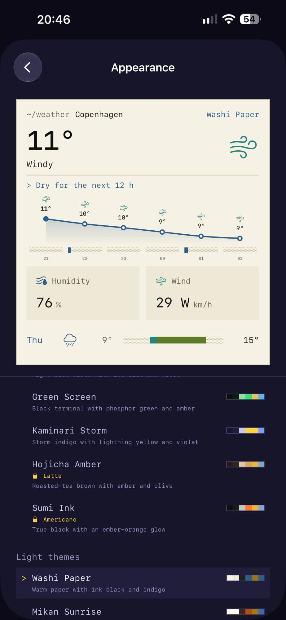Appearance settings with a live preview of the Washi Paper theme above the list of dark and light themes