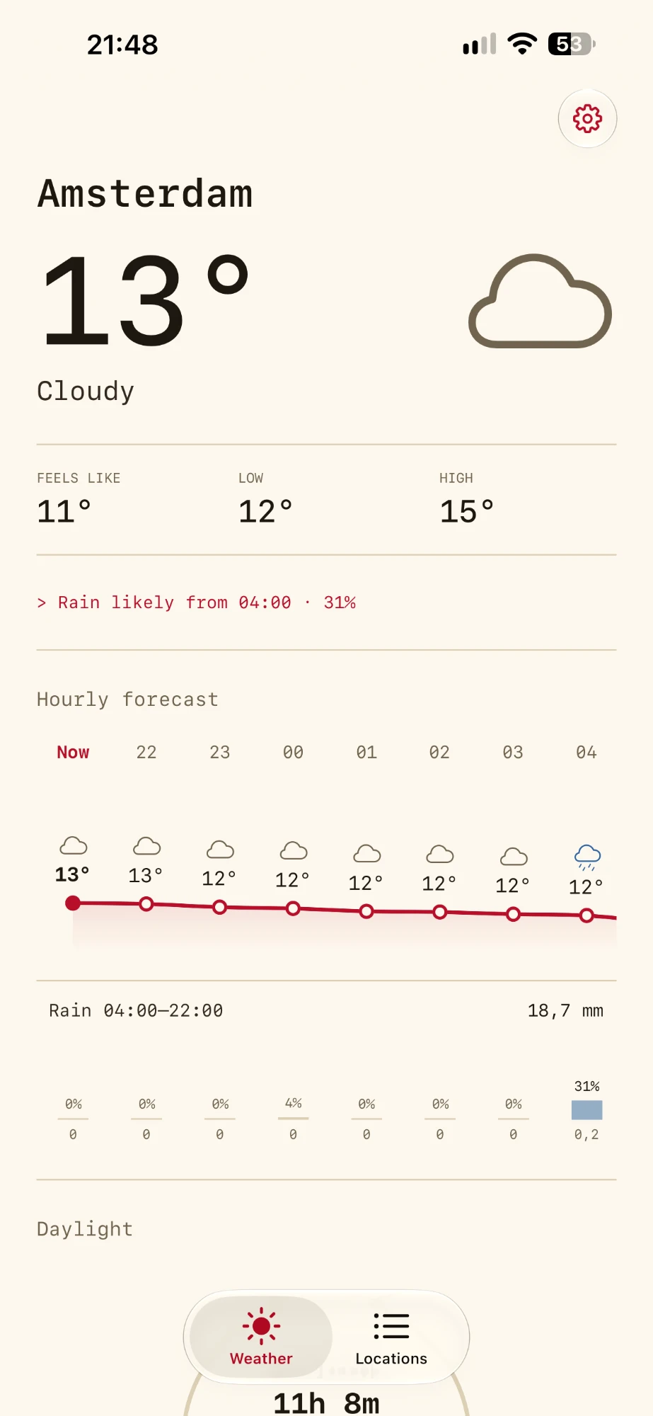 Kaisei Weather in the light Washi Paper theme for Amsterdam: 13 degrees and cloudy, rain likely from 04:00, with the hourly temperature and rain forecast