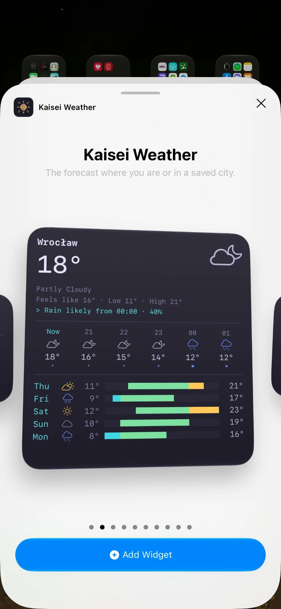 The large Kaisei Weather widget for Wrocław in the iOS widget gallery, with the coming hours and five days